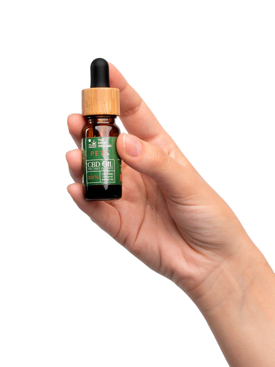 A hand holding a cbd oil  for pets 10%